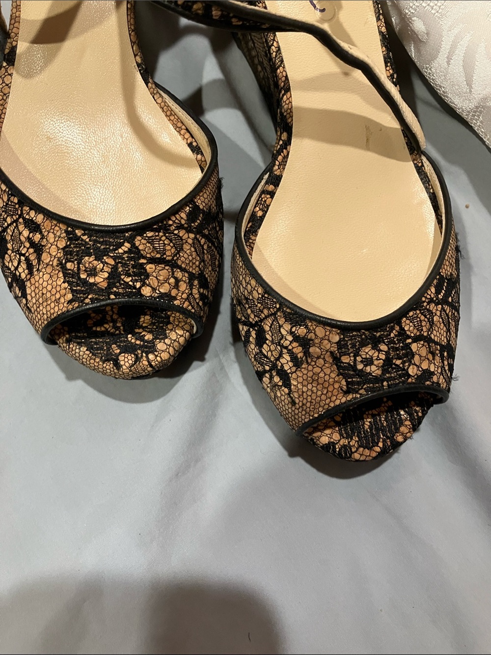 Jimmy Choo Black Lace-Overlay Tan Platform Sandals - Picture 8 of 12